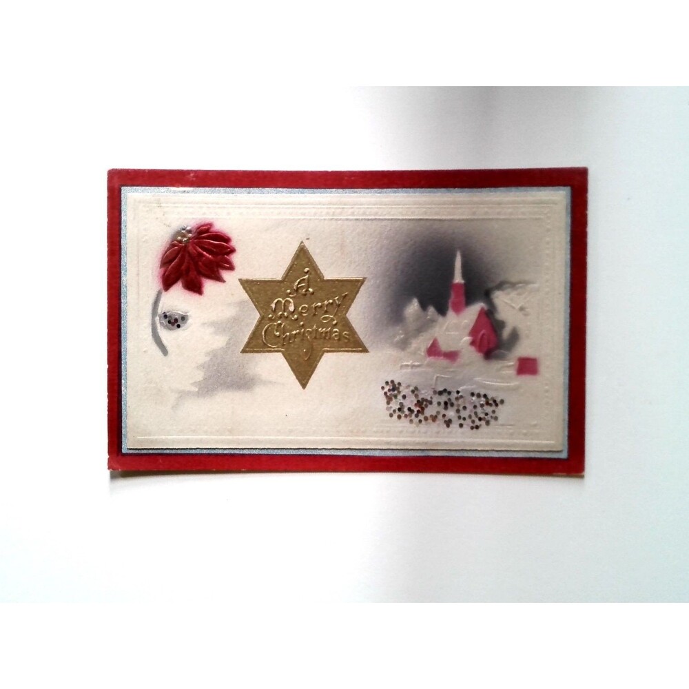 Vintage Embossed Christmas Postcard Gold Star Poinsettia Snowy Church c1910s